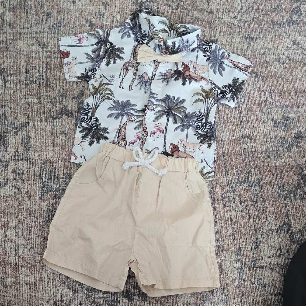 Tropical Safari Print Shirt and Tan Shorts Set